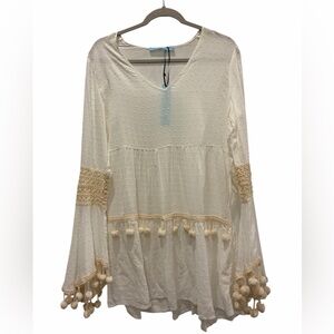 NWT Solitaire White Flare Sleeve Pom Pom Cover-up Dress Size Small Boho Sheer